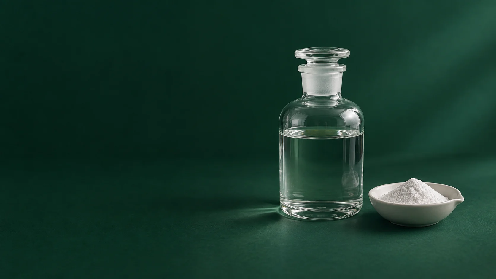 水処理薬剤製造の原料を表す試薬瓶と粉体の展示イメージ
